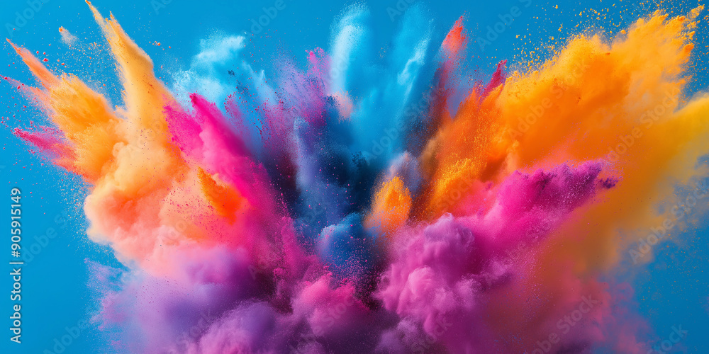 Poster Colorful powder exploding creating abstract shapes on blue background