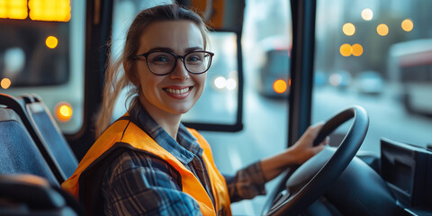 Female bus driver smiling while driving public transportation bus