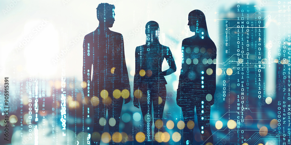 Poster businesspeople silhouettes standing with digital cityscape and binary code