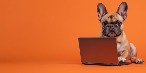French bulldog puppy dog sitting using laptop computer on orange background
