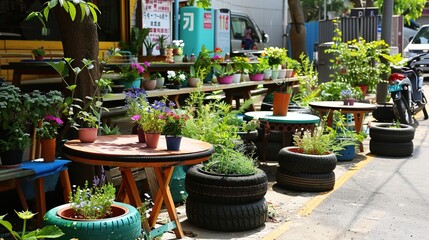 Eco-Friendly Cafe Design: Flower Pots and Seating Made from Recycled Car Tires