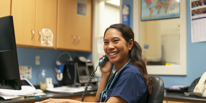 Smiling doctor talking on the phone at her desk in medical office