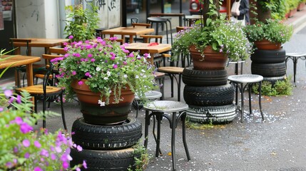 Eco-Friendly Cafe Design: Flower Pots and Seating Made from Recycled Car Tires