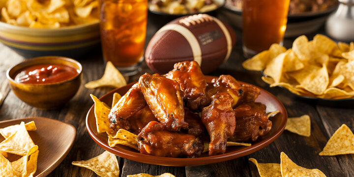 Spicy chicken wings, nachos and beer on table for watching football game