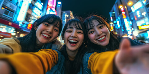 Three young women taking selfie in shinjuku, tokyo, at night