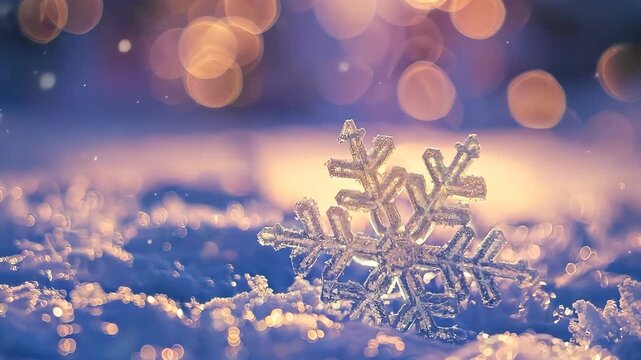 Close-up of a snowflake on a frosty surface with golden bokeh lights in the background. Winter and holiday season concept