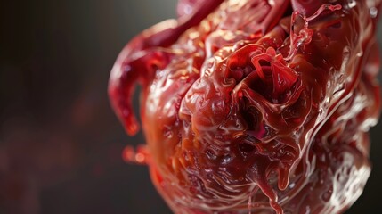 A close up of a heart with red blood vessels