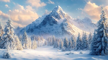 Snowy Mountain Peak: A majestic snow-capped mountain peak dominates a serene winter landscape, shrouded in a mystical glow. 