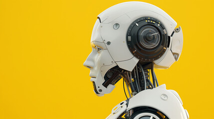 Profile of a futuristic robot with helmet, advanced technology, AI, robotics, artificial intelligence, modern design, innovation, yellow background, side view, sci-fi concept