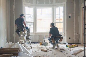  Two male workers painting light gray walls in a modern home’s spacious living room, highlighting home improvement and interior design.