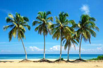 Obraz premium Vibrant Verano palm trees swaying gracefully on a pristine beach in Mexico under the warm sunlight, evoking a sense of tropical paradise and serene relaxation.