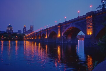 Fototapeta premium Spectacular Minneapolis Skyline at Dusk Over the Mississippi River, Highlighting the Historic Stone Arch Bridge in a Serene Urban Landscape.