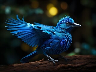A stunningly radiant neon blue bird, with wings shimmering in the night, is captured in a long exposure photography Generative AI