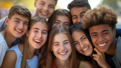Fototapeta premium Group of diverse happy teenagers smiling and enjoying time outdoors