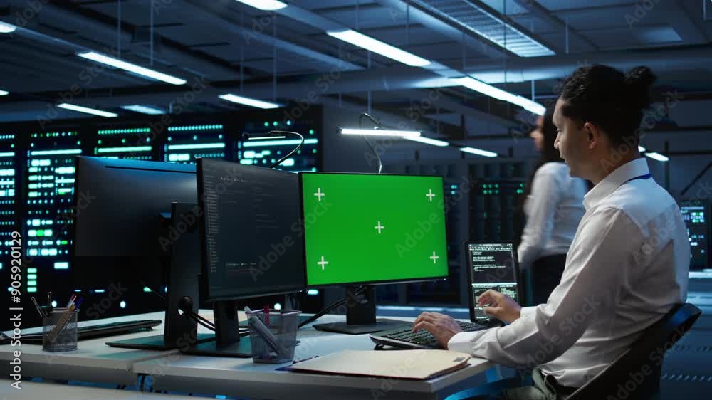 Poster engineer working with chroma key pc in data center used for managing gear energy consumption. employ