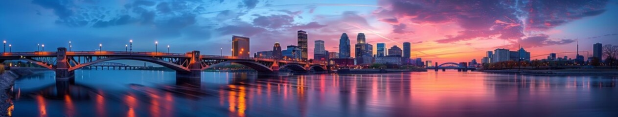 Fototapeta premium Spectacular Minneapolis Skyline at Dusk Over the Mississippi River, Highlighting the Historic Stone Arch Bridge in a Serene Urban Landscape.