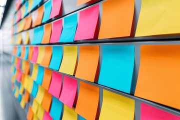 A colorful array of sticky notes arranged on a surface, ideal for organization, planning, and brainstorming activities.