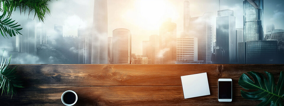 Business background. Double exposure image of many business people conference group meeting on city office building in background showing partnership success of business deal. Concept of teamwork