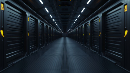 Futuristic corridor with sleek walls and dim lighting, perfect for sci-fi and technology themes in photography.