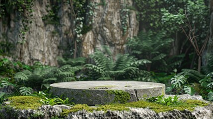 Stone pedestal, forest background, flat 3D pedestal product. Round stone pedestal display. turn green to gray Standing abstractly, which comes from the forest, nature