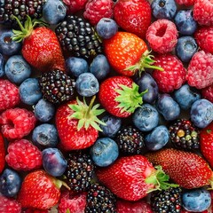 Obraz premium A vibrant berry mix: juicy strawberries, plump blueberries, tangy raspberries, and sweet blackberries.