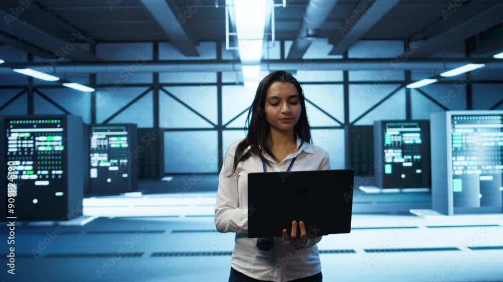 Poster system administrator in data center monitoring security threats, implementing cybersecurity measures