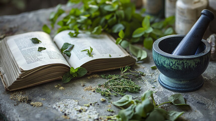 Open recipe book with herbs and mortar for grinding on table