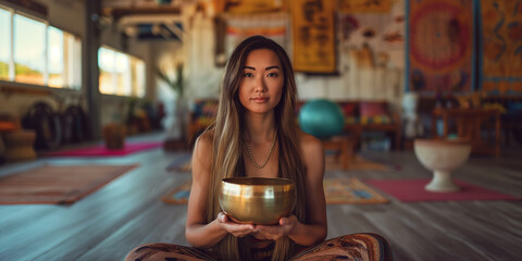 Young woman holding singing bowl meditating in yoga studio