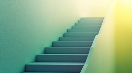 Ascending to New Heights: A minimalist staircase bathed in warm sunlight, leading upwards toward a bright future, symbolizing ambition, growth, and the pursuit of success. The soft, calming tones and 