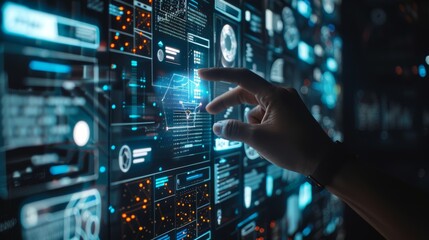 Fototapeta premium Closeup of hand touching futuristic screen with digital data and information technology icons, background is wall full of holographic screens displaying complex network structure in dark room