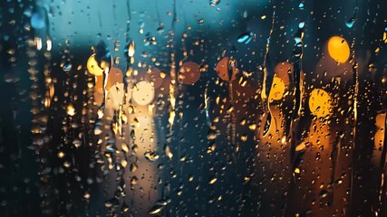 Rainy window with blurred city lights in the background, evening atmosphere