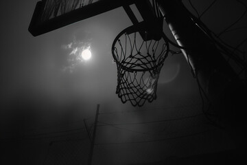 monochrome ring basketball from below with a beautiful full moon