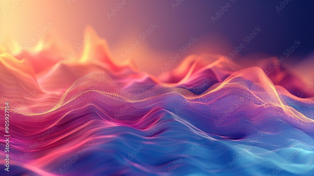 Poster serene and captivating audio spectrum visualized in a fluid dynamic abstract design with soft harmon