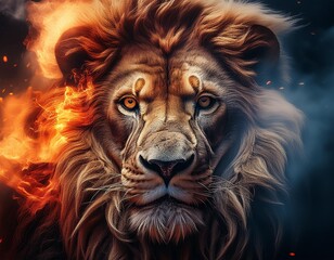 Very close up of a lion's head with fire and smoke in the background