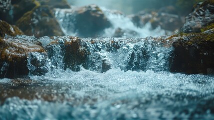 Mesmerizing waterfall flows through a lush verdant landscape creating a serene and tranquil atmosphere