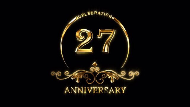 27th Anniversary Celebration. Happy 27 Years Anniversary Animation in Gold Color on the Transparent Background, Alpha Channel. Great for greetings, celebrations, events, and gifts.