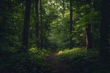 Fototapeta premium Serene forest path illuminated by soft sunlight through lush green trees.