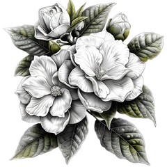 Elegant white flowers with intricate detailing against leafy background.