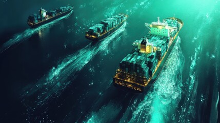 Cargo ships following global routes, international logistics concept, digital blue and green palette, hightech visual, HD quality