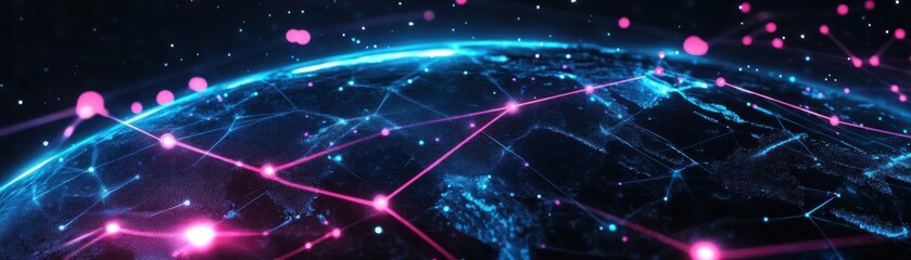 Cultural symbols from around the world, interconnected by global communication lines, technology icons, digital network, futuristic neon aesthetics