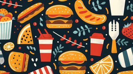 Vibrant Labor Day Cookout with Cheerful Culinary Elements Such as Burgers Hot Dogs French Fries Soda Lemon and Cooking Utensils in a Seamless Pattern Design