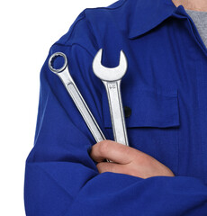 Professional auto mechanic with tools on white background, closeup