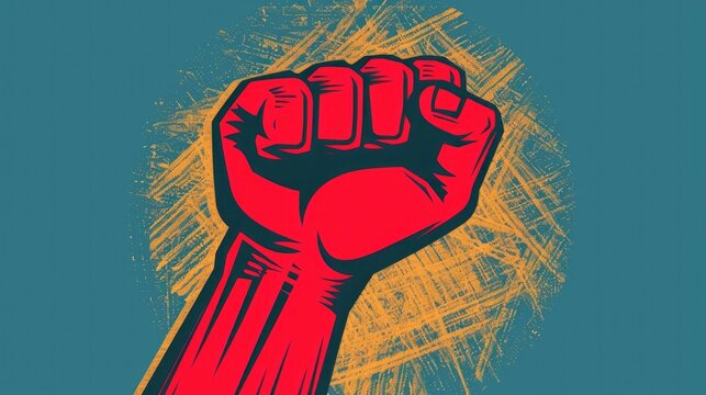Powerful fist symbol representing labor union protest and activist movement in a modern flat style with pastel colors and abstract splash graphic elements