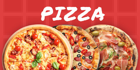 Flyer or banner design with tasty pizzas on red background