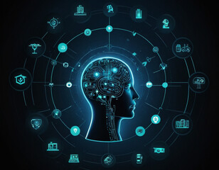 Obraz premium Brain and Technology Interface An illustration of a brain connected to various technological elements, representing the interface between human intelligence and technology.