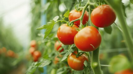 Fresh, ripe tomatoes hang from the vine in a lush greenhouse during late summer