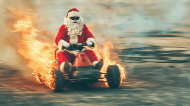 Santa Claus speeds through a track in a fiery go kart, embracing the holiday spirit with thrilling excitement