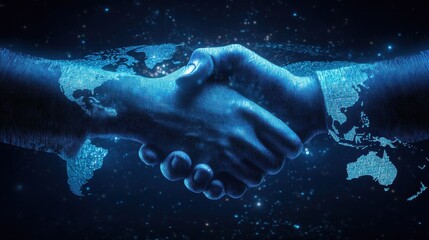 Handshake with a world map background, symbolizing global partnerships, blue and silver tones, digital art, hightech visual, HD quality