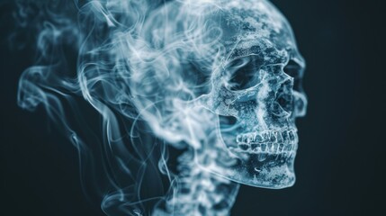 A detailed representation showing the harmful effects of smoking with a glowing skull surrounded by smoke