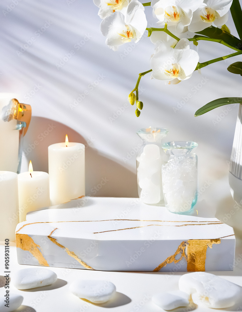 Sticker White Marble Podium with Gold Accents and White Flowers